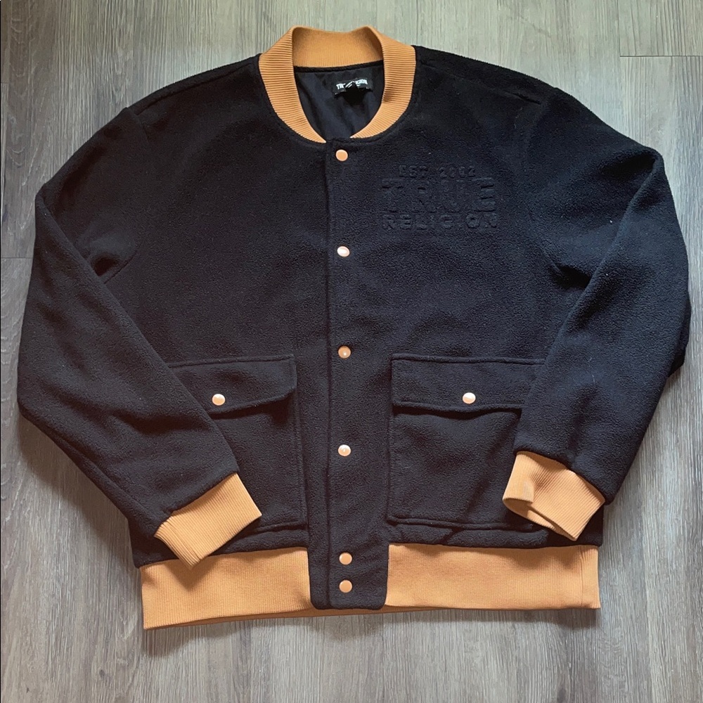 True Religion Black and Tan Varsity Jacket